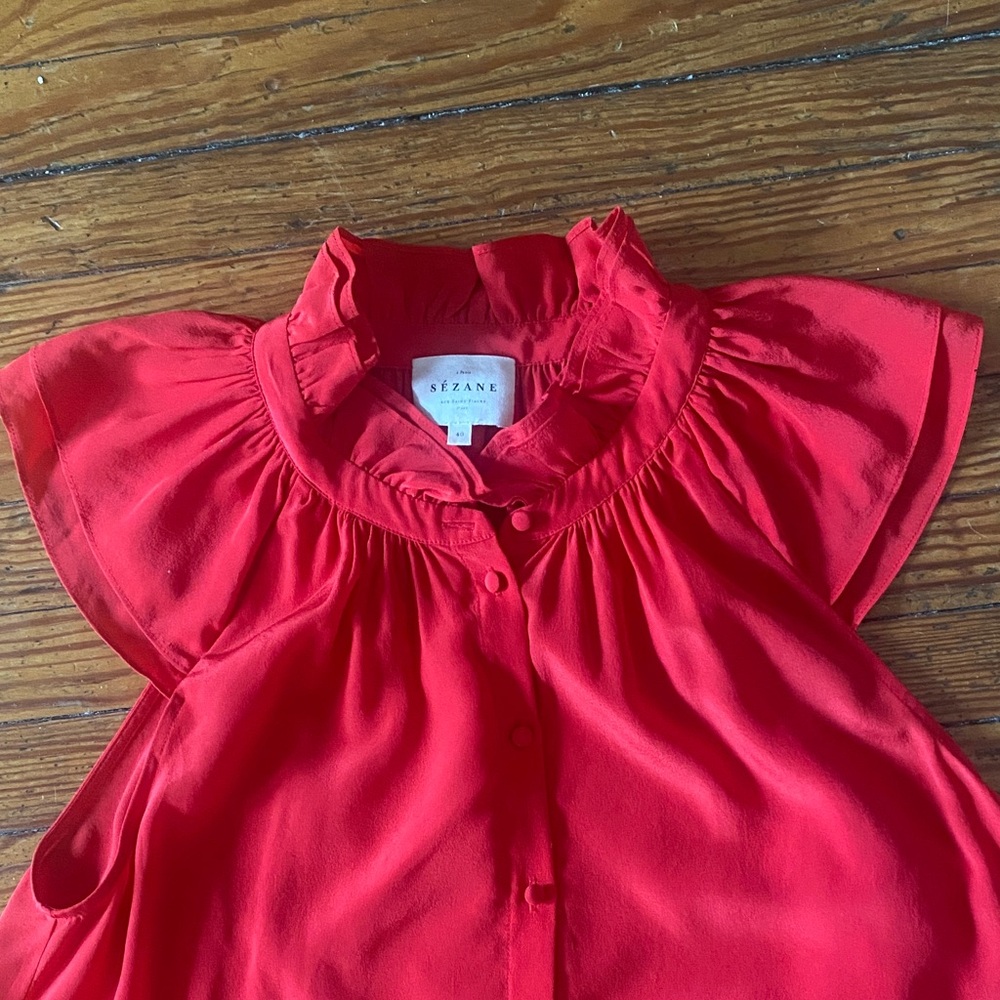 Sezane Silk Red Ruffled Button-Up Blouse - Picture 2 of 12